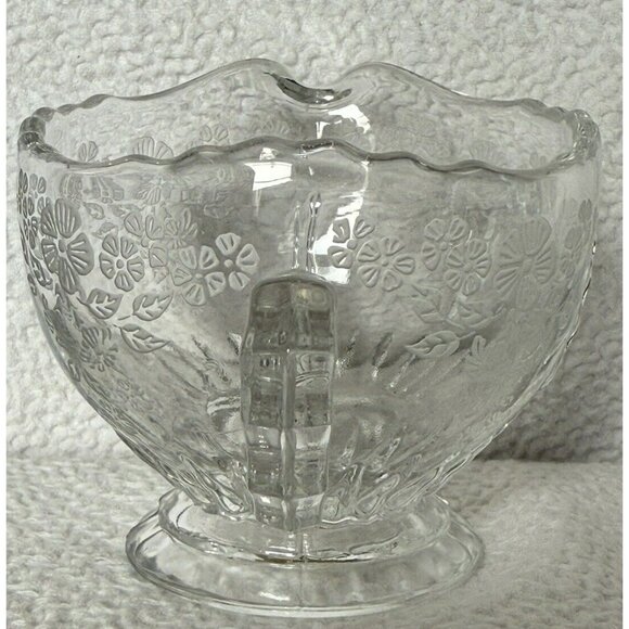 New Martinsville Glass Creamer Sugar Bowl Set Etched Flower Basket Wing Handles - Picture 3 of 13
